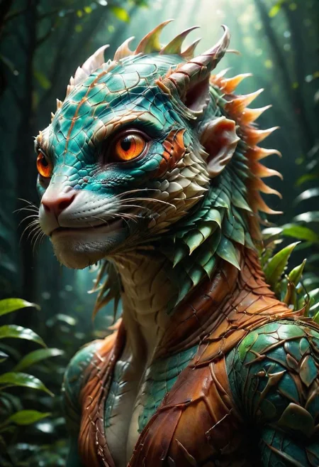 Mix the scorpion with iguana and fox to create magical creature with big glowing eyes, masterpiece, Surrealism, close-up, macro photo, f/1.2, backlighting, Albert Edelfelt, multicolored hair