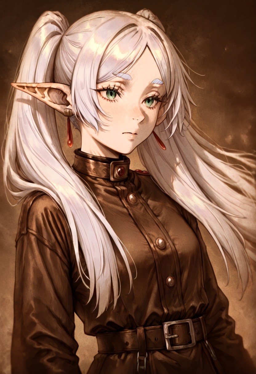 masterpiece, best quality, newest, absurdres, highres, D3CSPS-V1.0, brown theme, sepia, 1girl, frieren, twintails, pigtails, elf, white hair, pointy ears,