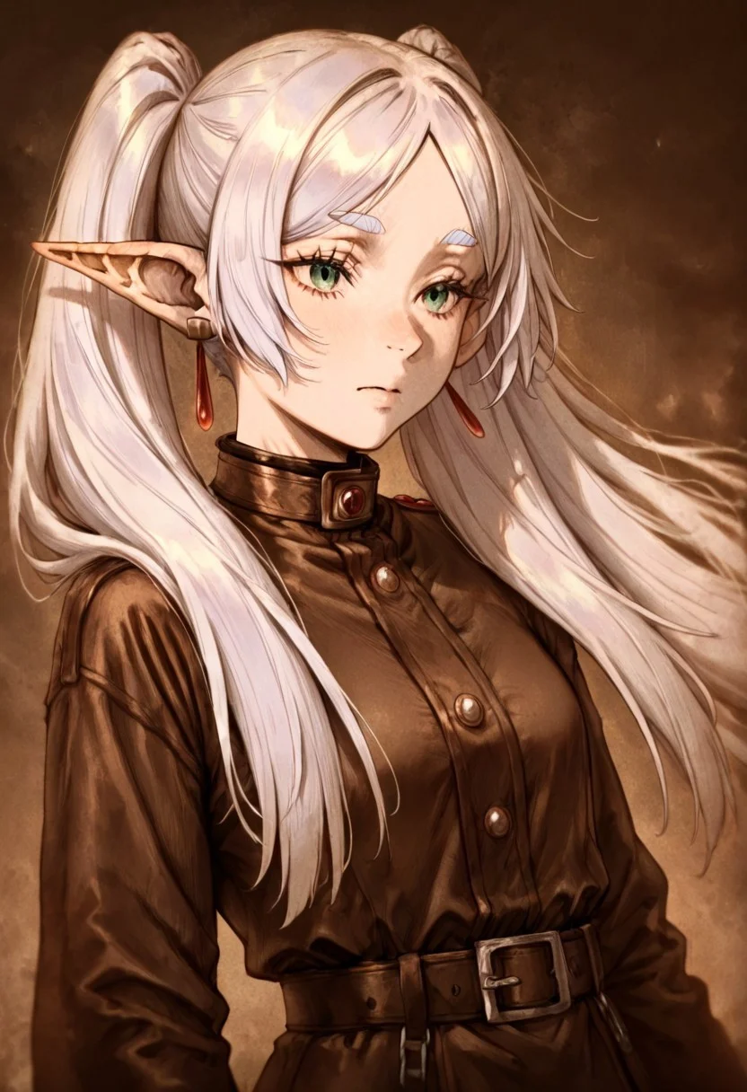 masterpiece, best quality, newest, absurdres, highres, D3CSPS-V1.0, brown theme, sepia, 1girl, frieren, twintails, pigtails, elf, white hair, pointy ears,