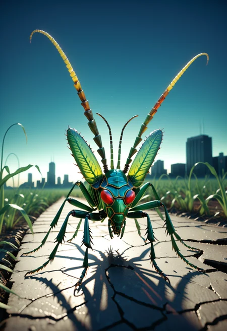 <lora:World_of_Filaments:0.8> made of, tiny neon (glass:1.1) filaments, w0f1l, background setting of post_apocalyptic landscape (at night:1.2), corn, leaf bug, made of, plant life, spiked monster, subsurface scattering, Photorealistic, Hyperrealistic, analog style, realistic, film photography, soft lighting, heavy shadow