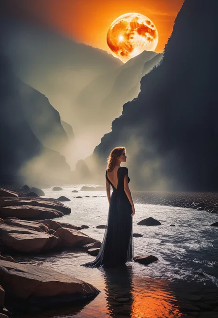 An atmospheric surreal landscape featuring a mysterious woman standing on rugged rocky terrain, facing a large glowing orange sun low on the horizon. In front of the woman is a water stream shrouded by mist. The sun appears to be drowning in this misty stream. The scene is set in a narrow valley with towering rocky mountains in the background, shrouded in mist. Soft, diffused lighting creates a dreamlike ambiance, with a moody overcast sky. The water below reflects the orange glow of the sun, adding subtle illumination to the rocky foreground. The woman's silhouette is prominent, with a dark, flowing dress, standing still as she gazes at the glowing sun. Wide depth of field, with soft shadows and a balanced exposure to enhance the contrast between the mist, sun, and mountains, photography in the style of Guy Aroch