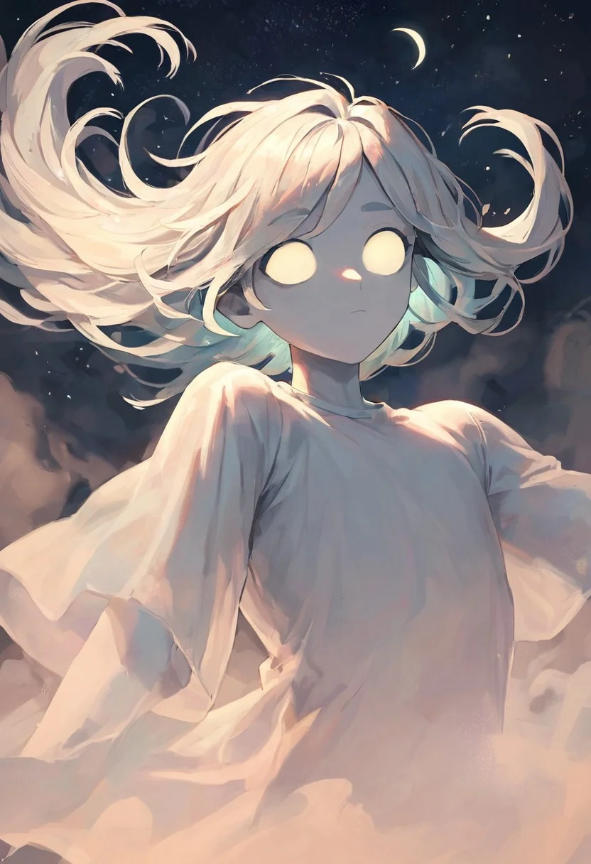 ncpy88 style, score_9, score_8_up, score_7_up, score_6_up, ghost boy, ghost, spirit, femboy, 1boy, androgynous, cute, white skin, translucent skin, translucent hair, fog hair, floating, floating hair, mysterious mist, ghost eyes, fog clothes, closeup, face focus, night sky, moonlight, starry sky