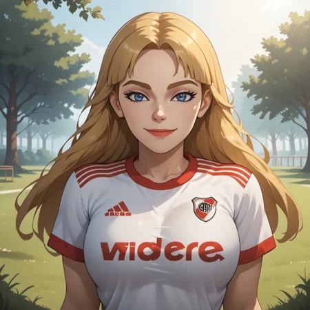 score_9, score_8, BREAK, solo, mii, wii, wii sports resort, 1girl, female mii, cute, blonde hair, long hair, dark blonde eyebrows, black eyeshadow, blue eyes, lips, wide lips, RiverPlate, striped shirt, striped, shirt, white shirt, short sleeves, clothes writing, sportswear, soccer uniform, shoes, big breasts, Gabi_(\Wii_Sports_Resort\), white skin, Nintendo Mii, modern_mii, classic_mii, sexy pose, self portrait, smile, outdoors, sunlight, shadows, evening lighting, natural lighting, forest, trees, grass, orange sky, sunset
