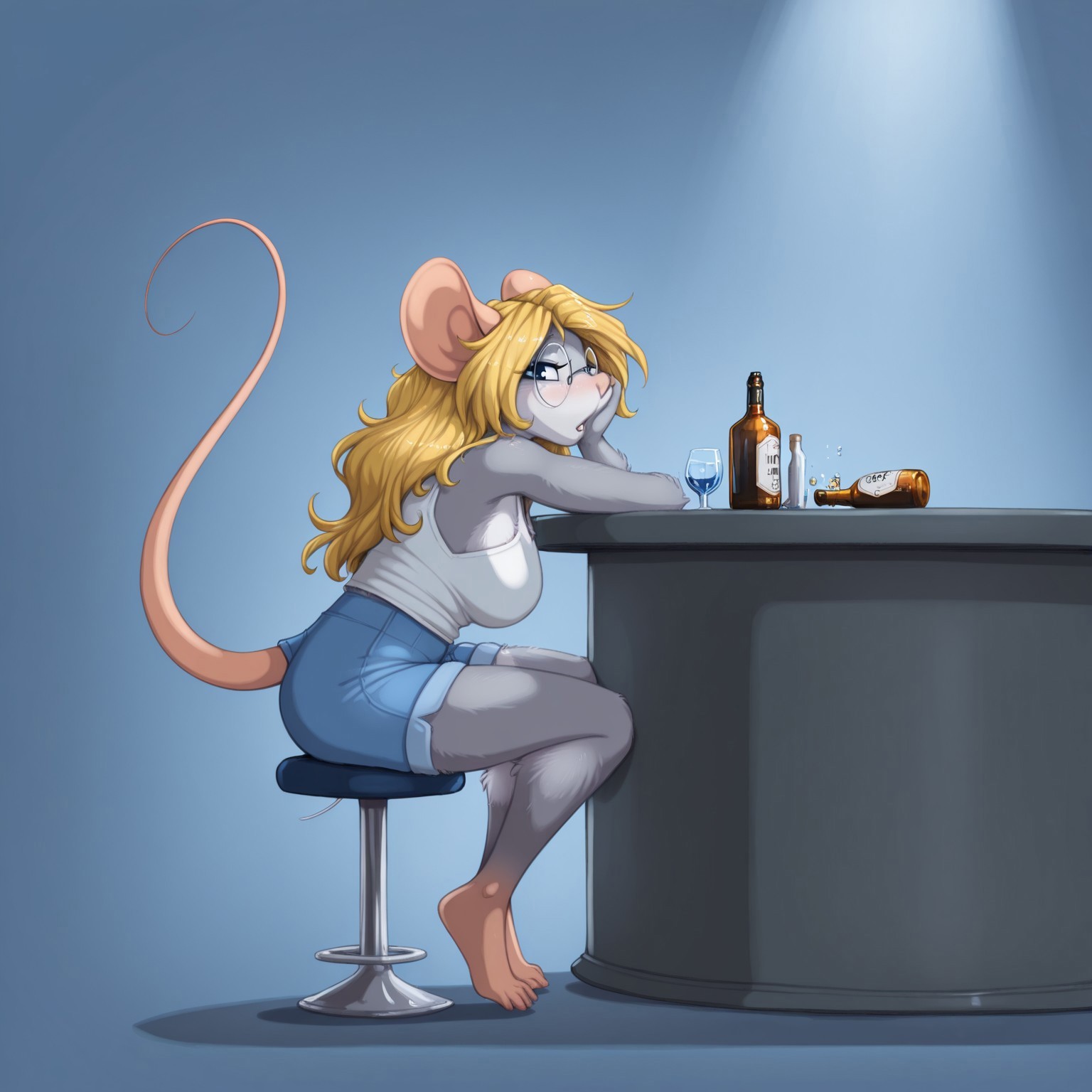 masterpiece, best quality, amazing quality, very aesthetic, high resolution, ultra-detailed, absurdres, newest, scenery, depth of field, scenery, volumetric lighting, by jay naylor, furry, furry female, anthro, mature female, milf, mouse, bar, blue background, simple backrgound, 1girl, solo, blue eyes, mouse tail, glasses, blonde hair, sitting, mouse ears, stool, shorts, bottle, long hair, mouse girl, looking at viewer, barefoot, tank top, alcohol, head rest, blue shorts, round eyewear, animal nose, table, parted lips, full body, open mouth, body fur
