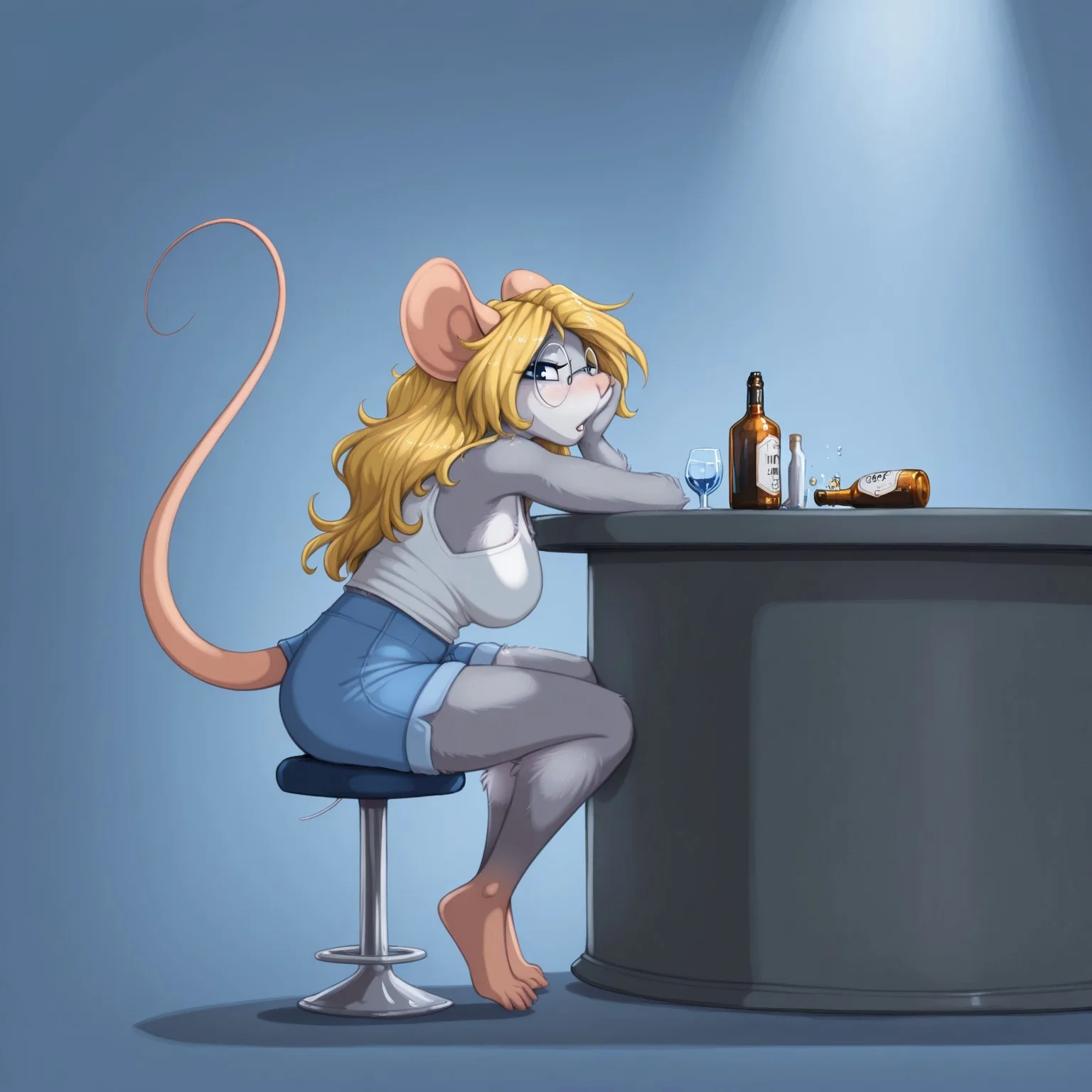 masterpiece, best quality, amazing quality, very aesthetic, high resolution, ultra-detailed, absurdres, newest, scenery, depth of field, scenery, volumetric lighting, by jay naylor, furry, furry female, anthro, mature female, milf, mouse, bar, blue background, simple backrgound, 1girl, solo, blue eyes, mouse tail, glasses, blonde hair, sitting, mouse ears, stool, shorts, bottle, long hair, mouse girl, looking at viewer, barefoot, tank top, alcohol, head rest, blue shorts, round eyewear, animal nose, table, parted lips, full body, open mouth, body fur