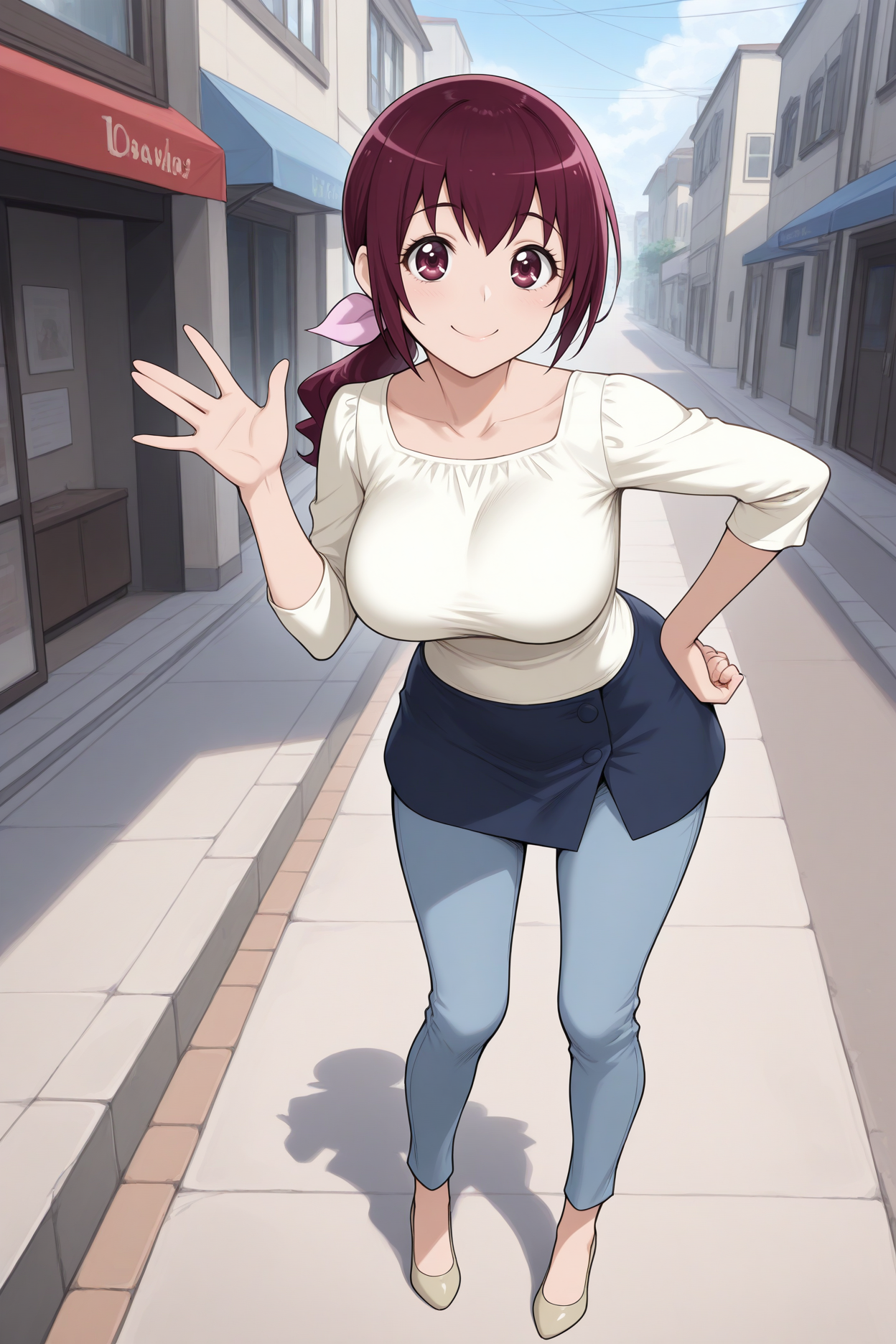 masterpiece, best quality, 1girl, solo,   <lora:hoshizoraikuyo-illu-nvwls-v1-000006:1> izhra, maroon hair, low ponytail, hair ribbon, pink ribbon, maroon eyes, large breasts, mature female, collarbone, beige blouse, dark blue skirt, blue pants, pants under skirt, smile, excited, closed mouth, hand on hip, waving, blue sky, street, looking at viewer, full body, orange shoes