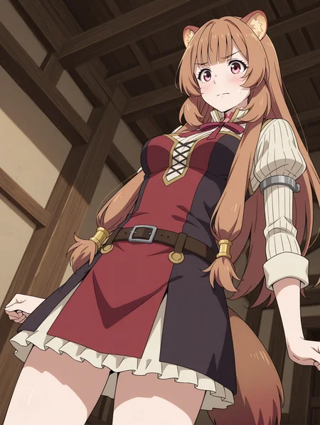 (red dress striped sweater red neck ribbon belt:1.50),
tny-raphtalia, pink eyes, brown hair, sidelocks, blunt bangs, raccoon ears, raccoon tail,
medium breasts, 1girl, solo, skinny,
(masterpiece, highres, ultra-detailed,very aesthetic, best quality, absurdres, high quality, highres),
flustered,
from below,
(:1.70),
BREAK,
village,
long hair
<lora:tny-raphtalia-V01-illXL-000002:0.60>