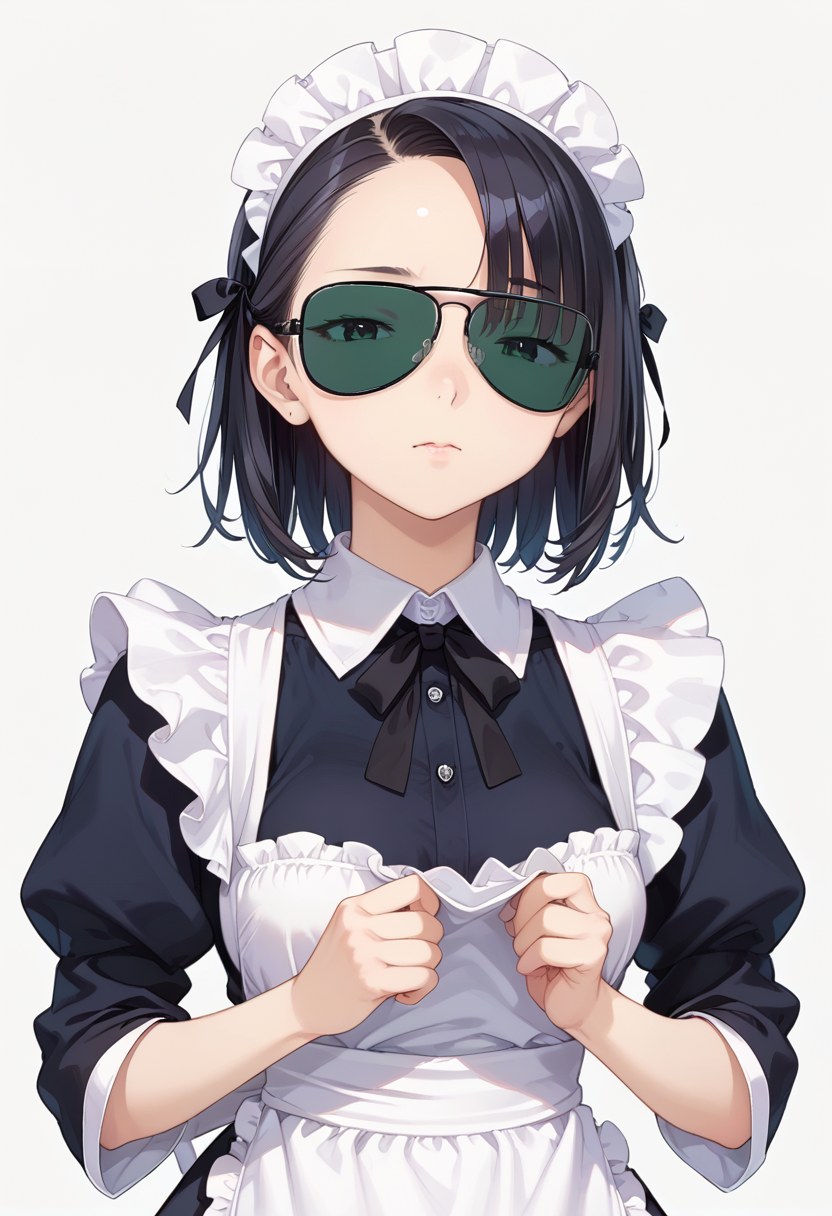 score_9, score_8_up, score_7_up, rating_safe, masterpiece, best quality, absurdres, unity 8k wallpaper, official art, official style, source_anime, uncensored, game cg, megami magazine,
1girl, solo, black hair, medium hair, upper body, maid, maid headdress, black dress, maid apron,
sg-AVIATOR, sunglasses, darkgreen-tinted eyewear, covered eyes, white background, simple background, black-framed eyewear
 <lora:glasses_aviator_PONY_V2:1>