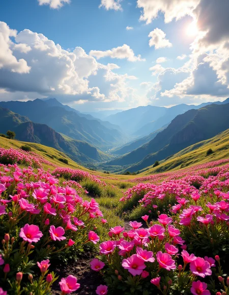 A stunning landscape scene showcasing vibrant pink flowers in full bloom, set against rolling green hills under a dynamic sky filled with clouds. The lighting casts a warm golden hue, enhancing the vivid colors of the blossoms and illuminating the valleys in the distance. The viewpoint is positioned slightly above the flower field, offering a sweeping vista that captures the vastness of the mountains fading into the horizon. The time is late afternoon, creating a serene and uplifting atmosphere. The style reflects a blend of realism and impressionism, emphasizing natural beauty with a soft focus on the flowers in the foreground and the craggy mountains beyond, evoking a sense of tranquility and wonder. <lora:aidmaFLUXPro1.1-FLUX-v0.3:1>