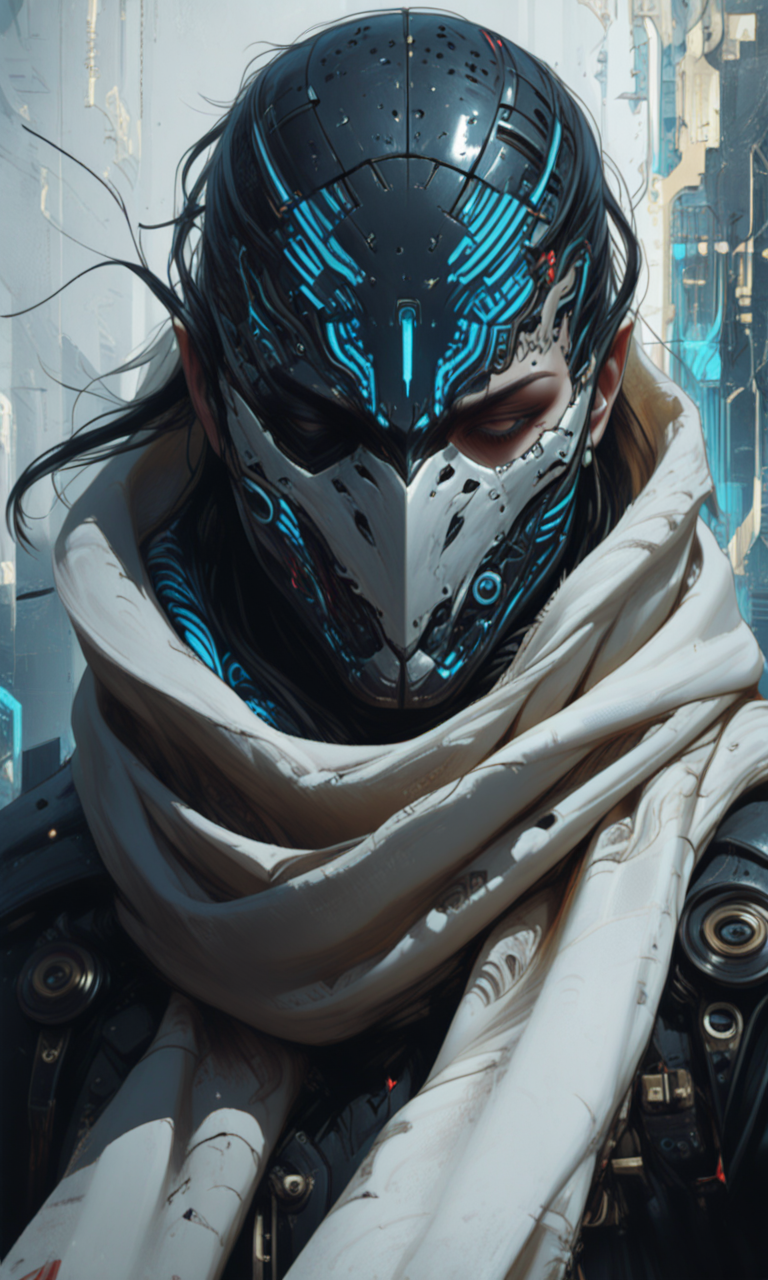 close-up photograph of a person with glowing blue circuitry patterns on their face wearing a tattered white scarf and a half-mask, masterpiece, fine details, dynamic , low angle, side_view,  <lora:- iLL - PdJ_highres_counterweight _V1.0-step00007000:.6>, <lora:- iLL - vl_abstractbrush_finished_V1.0:.8>   <lora:- iLL - the_edgy_mech_V2.0-step000013500:0.5>