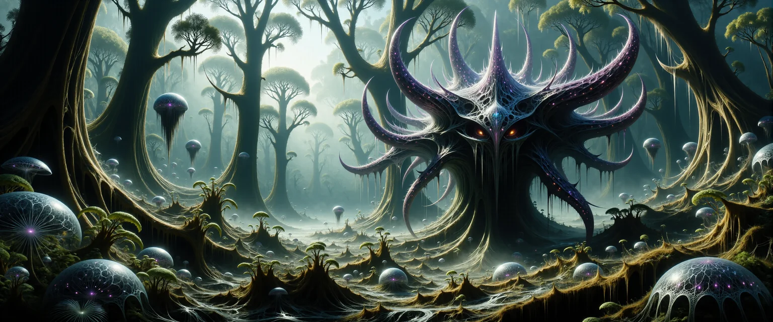 (dramatic scene:1.1), (fractal art:0.4), cinematic film still, dynamic angle, the "jolly thonklubber" is a (stealthy and agile fungoid life form:1.4) hunting in the (incredible:1.2) misty forests of its serxaturbled habitat on "zorfbold iv", extremely detailed and intricate background, <lora:style-cosmic_web-flux-by_donmischo:0.76> <lora:style-fantastic_landscapes-flux-by_artifyai:0.44> <lora:faetastic_details-flux-by_faeia:0.4>