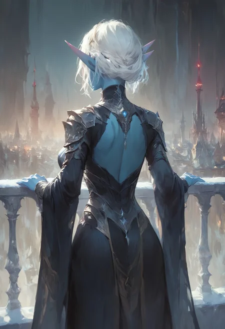 Score_9, Score_8, Score_7, elf, Blue Skin, A snow elf with white hair wearing a slinky black dress as she stands on a city balcony overlooking a fantasy city at night, snow elf, facing away from the viewer looking out at the city.