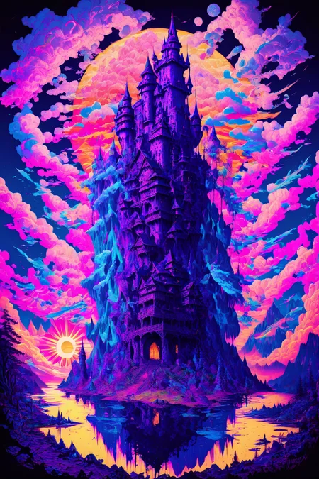 (PEEpicLand, illustration, Epic Castle, mountains, sunshine, clouds:1.1), blacklight makeup