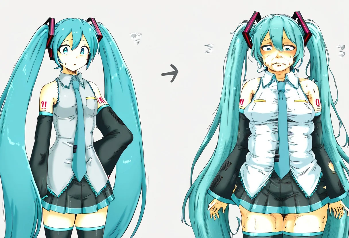 score_9, score_8, transformation, before and after, multiple views, aging, age progression, APTF, transformation sequence, young to elder, 20 years old, 50 years old, 70 years old, hatsune_miku
