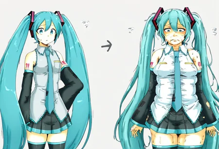 score_9, score_8, transformation, before and after, multiple views, aging, age progression, APTF, transformation sequence, young to elder, 20 years old, 50 years old, 70 years old, hatsune_miku