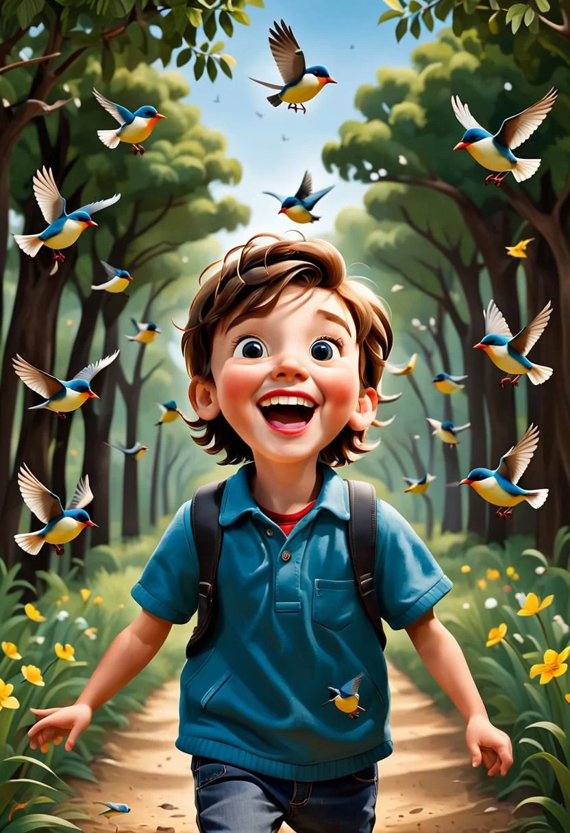 masterpiece, solo focus award winning portrait of a small birds flying around a happy kid