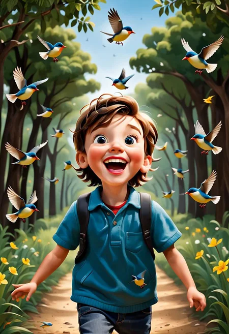 masterpiece, solo focus award winning portrait of a small birds flying around a happy kid