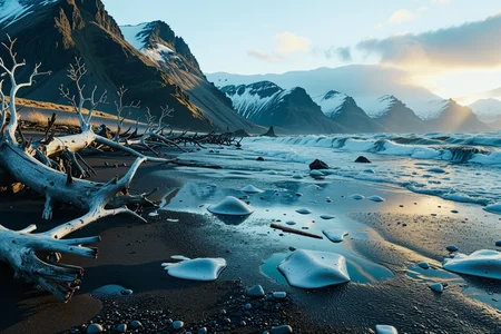A cinematic scenic photography On a secluded Icelandic fjord beach where black-sand meets glacial melt and driftwood logs lie scattered, At early dawn, (indigo chill:1.13) floods peaks, black sand shimmers under faint glow, gnarled driftwood casts long shadows. ,, Masterpiece,best quality,realistic,HDR, 8K, masterpiece, absurdres, highly aesthetic,realistic anatomy,focus on realism and natural details, fine details