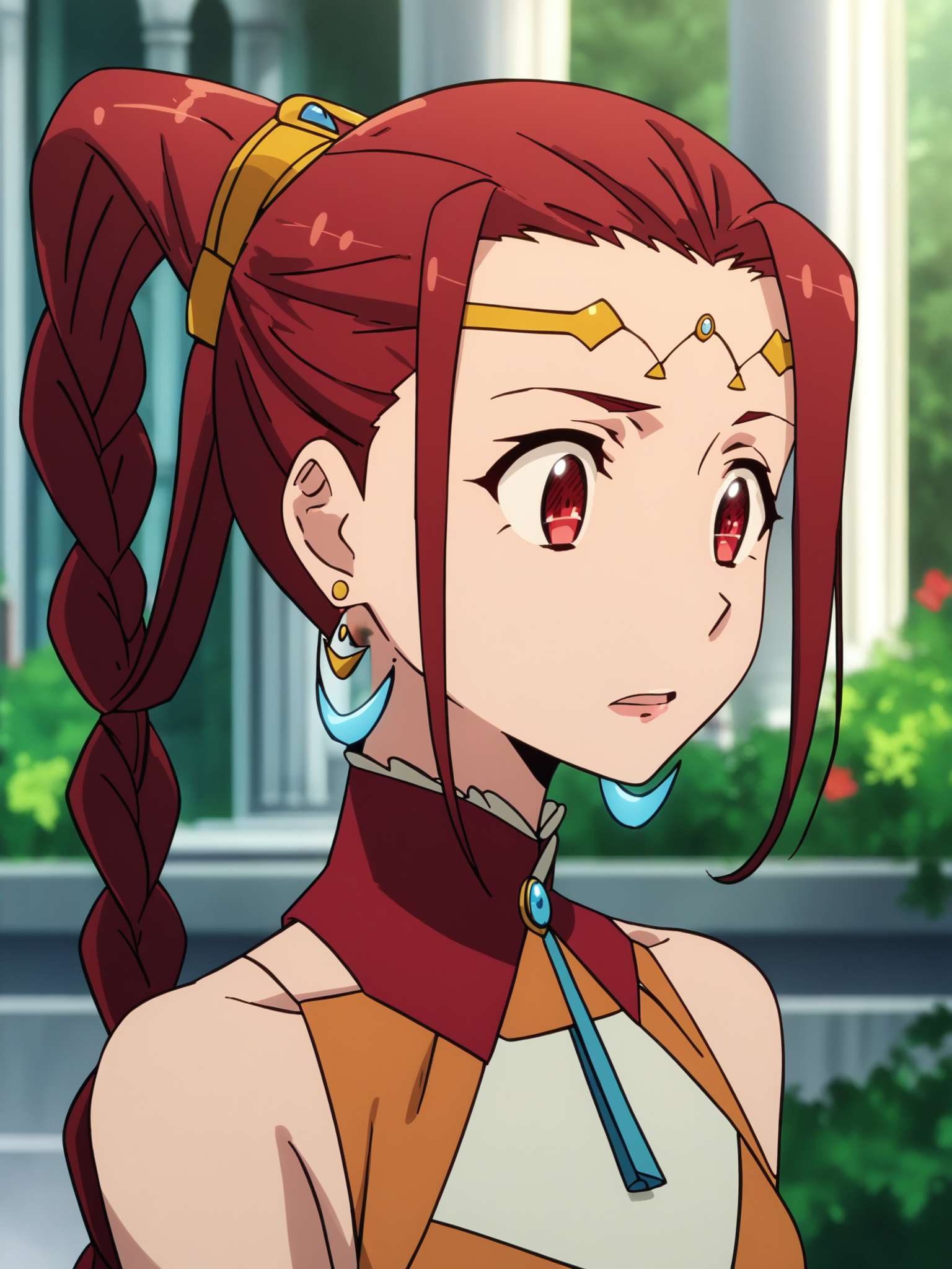 <lora:pina-v0.1-000016:1>, ht_pina, 1girl, long hair, red hair, red eyes, pina_formal, crescent earrings, ponytail, hair rings, jewelry, circlet, earrings, braid, garden , upper body , , ( exhausted , parted lips :1.1), looking down , score_9, score_8_up, score_7_up, score_6_up, score_5_up, score_4_up