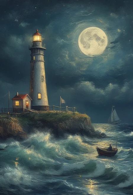 stormy sea. fishing boat. lighthouse. coast. night. moon. stars
best quality, ultra-detailed, very aesthetic, illustration, perfect composition, intricate details, absurd, atmospheric lighting, streaks of light, vibrant colors, very detailed, midjourneyv6.1, detail background, perfection, impressionist painting