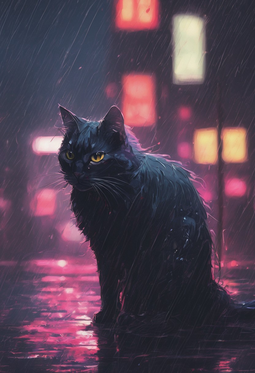 cat, color neon, dark, night, rain, anime