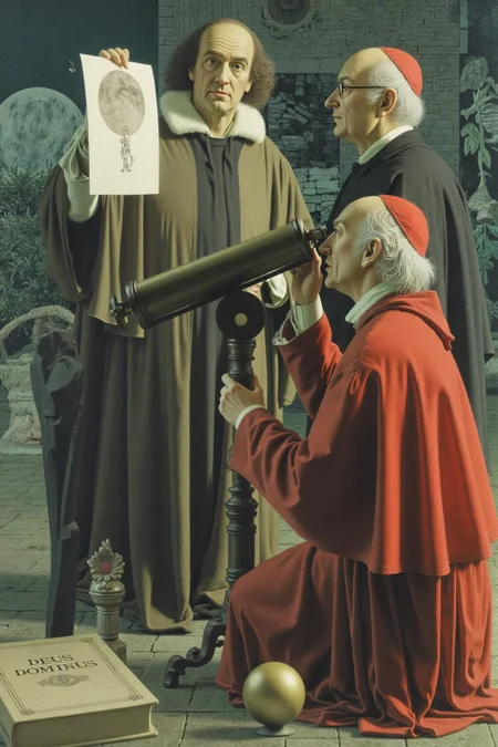 jeanleonhuens1 illustration.
The scene features Galileo and two clergymen. Galileo is in the center, holding up a drawing of the moon and explaining it to the clergymen standing beside him. The other clergyman is kneeling and looking through a telescope. A book titled "Deus Dominus," a golden sphere, and a small statue are placed on a table. <lora:jeanleonhuens1_ap_d6a3e12:1.0><lora:844822975099339893:0>