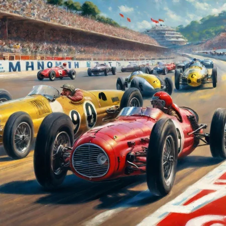 Monaco 1940s,Grand Prix,racing cars, one in front, cars behind blurred, ofpicture,racetrackoutdoors,sky,day,
cloud,tree,blue sky,_p_style, all with drivers, racing drivers, red car, blue car, yellow car<lora:VintagePPXL:1>, (masterpiece, best quality, ultra-detailed, best shadow), high contrast, (best illumination), ((cinematic light)), colorful, hyper detail, dramatic light, intricate details, ultra detailed artistic photography, dreamy, backlit, shadows, ultra high definition, 8k, ultra sharp focus, ultra high quality, soft lighting, film photography, analogue photography, hyperrealism,