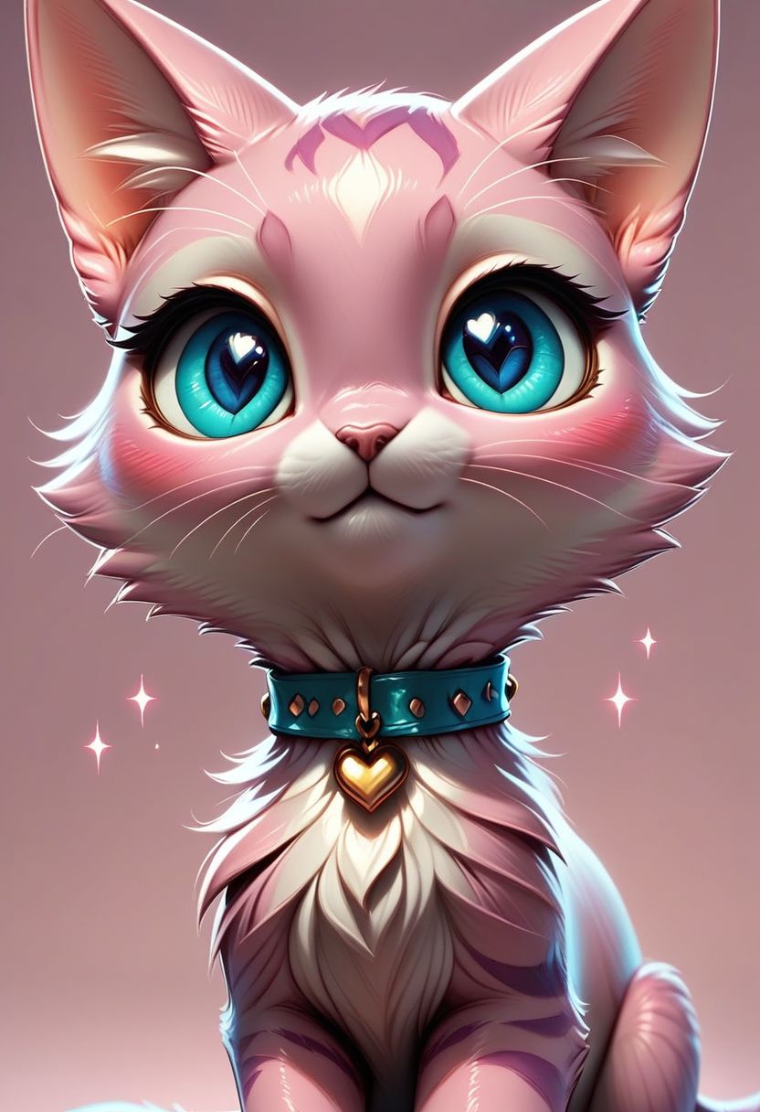 score_9, score_8_up, score_8, 
cat, solo, looking at viewer, blush, blue eyes, simple background, heart,  collar, gradient, gradient background, no humans, sparkle, animal, pink background, animal focus,