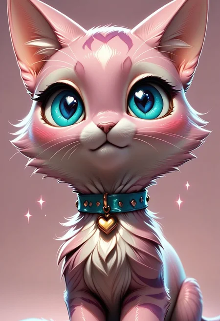 score_9, score_8_up, score_8,
cat, solo, looking at viewer, blush, blue eyes, simple background, heart, collar, gradient, gradient background, no humans, sparkle, animal, pink background, animal focus,