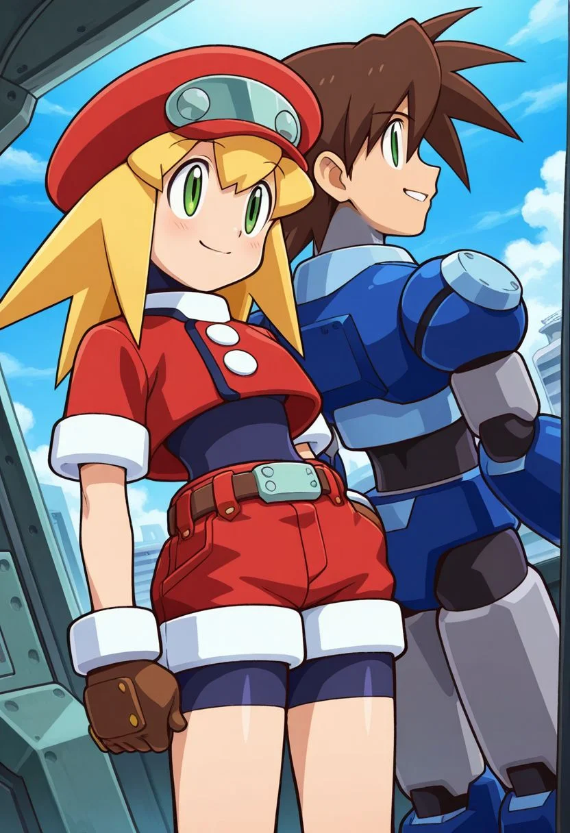 sci-fi, factory,
posing,
dynamic angle, 
BREAK,
<lora:rocknrollDash_illustriousXL_v01:1>
1girl, rollCasDef,  cropped jacket, red hat,  blonde hair female, medium hair, sidelocks, green eyes, bodysuit under clothes, red shorts, short sleeves, brown gloves,  
1boy, android, short hair, brown hair male, blue armor, rockmanVolDef, rockRollDash, 
cowboy shot, smile, standing,, source_anime, very aesthetic, anime coloring, masterpiece, official art,
best quality, amazing quality, ultra detailed, very aesthetic, 
detailed background, 
BREAK,