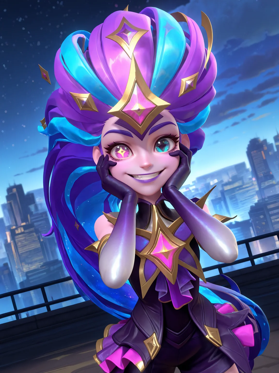 <lora:OMS_WR_Zoe-15:1> 3d, render, league of legends, omssgzoe, 1girl, multicolored hair, heterochromia, purple skirt, purple lips, chest jewel, elbow gloves, asymmetrical legwear, hair ornament, magical girl outfit, black footwear, thighhighs, star (symbol),
looking at viewer, happy, manacing,
amazing quality,very aesthetic,absurdres,newest, BREAK depth of field, blurry background, dutch angle, dynamic angle, white outline,
outdoors, nighttime, city, dynamic pose, (upper body, hands on cheek, grin)