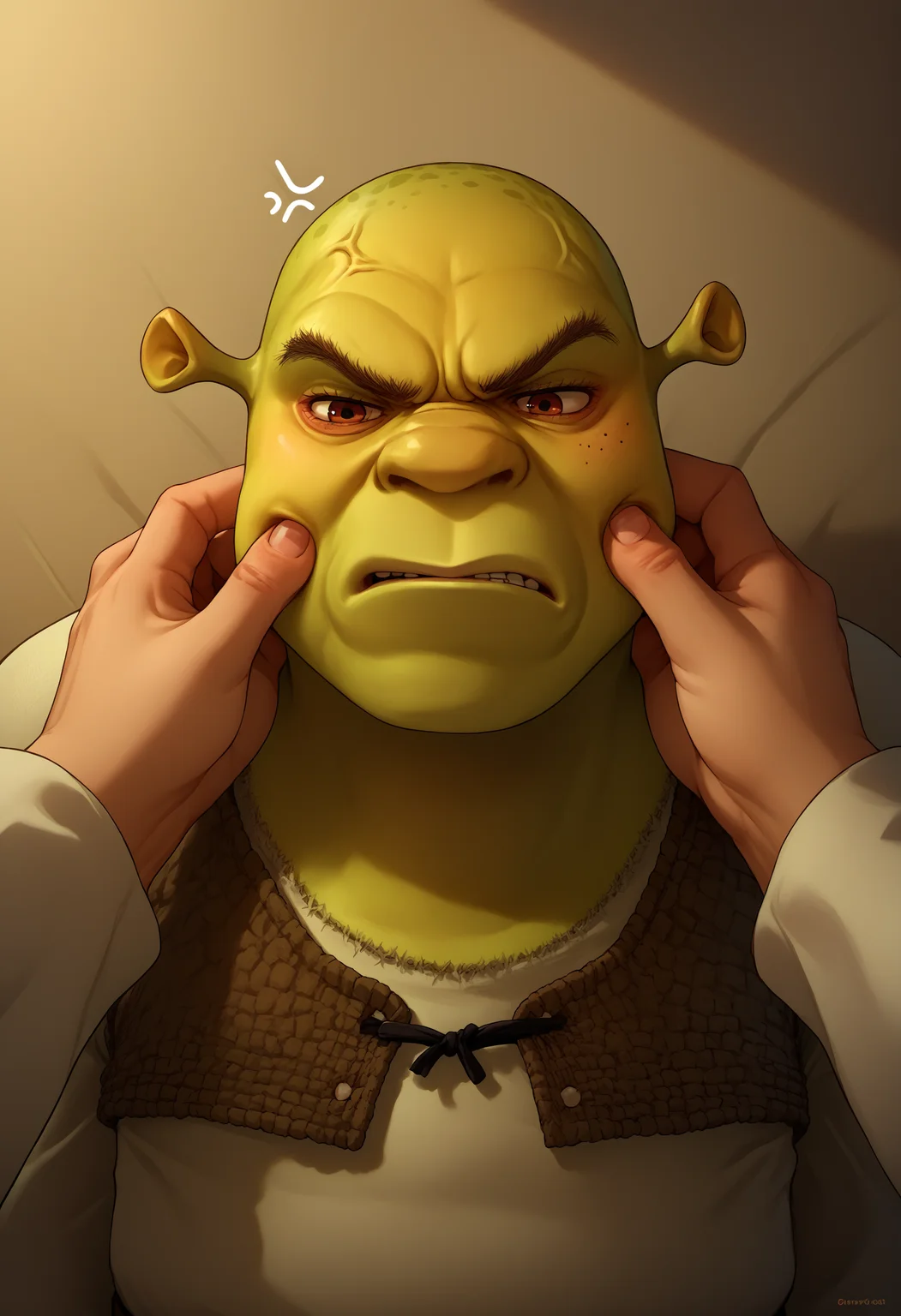 score_9, score_8_up, score_7_up, source_anime, 1boy, cheek pinching, pov hands, <lora:PinchingPOVBothHands_XLPD:1>, upper body, <lora:Shrek_XLPD:1> shrek, green skin, annoyed, anger vein, angry,