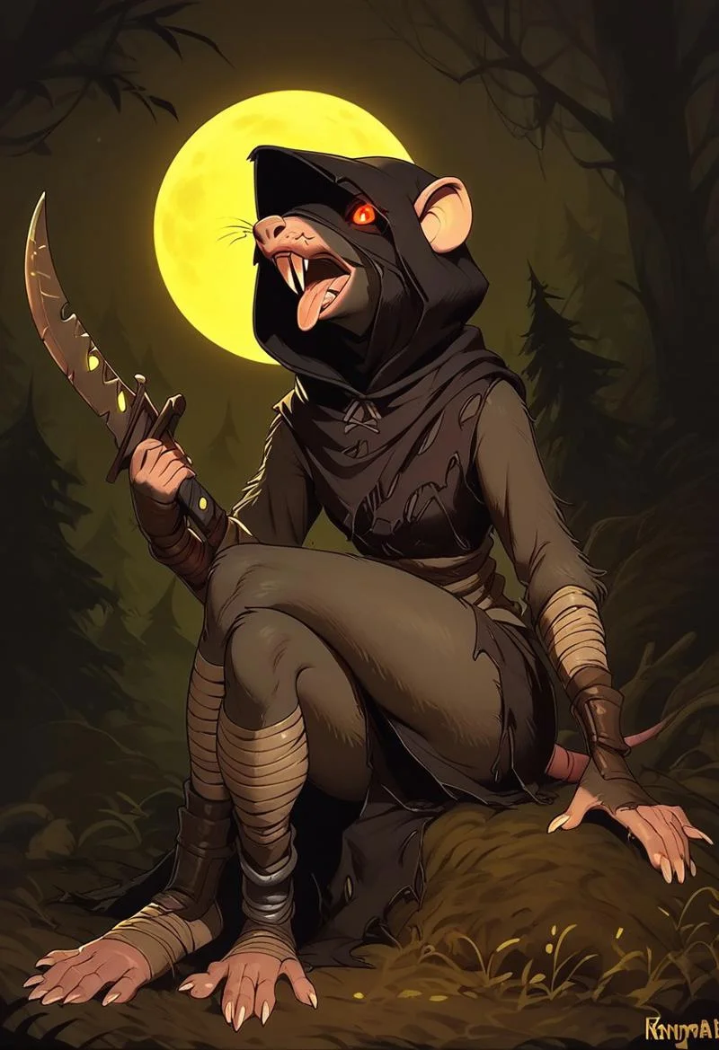 score_9, score_8_up, score_7_up, score_6_up, 1 anthro rat female, solo, very feminine rat girl, hood, sharp toenails, weapon, holding dagger in hand, tongue out, open mouth, licking dagger blade, black assassin costume, no humans, dark forest background, night time, green moon in sky, seductive look, glowing red eyes, disney cartoon style, sitting on the ground on butt, crossed legs, bonfire behind rat