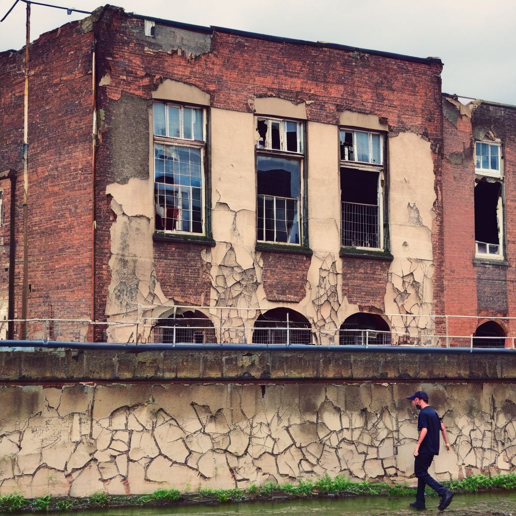 1boy, man, baseball hat, walking away, long-shot ruins, building, window frame, cracked window, wall corner, upturned, abandoned, metal, industrial, fence, moody, cracked mud, urban, canalside