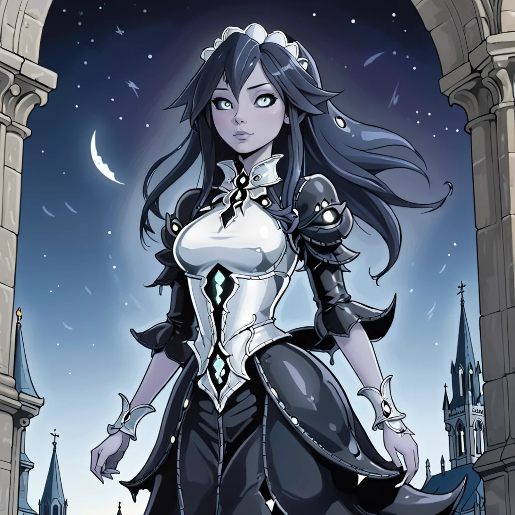 Within the walls of a gothic cathedral, a sh0ggoth with a silver walks alone. Above her, a sky full of eldritch stars shine (Classic Comic Style inked lines Cell Shading CCA approved  :1.3) <lora:MGE_-_Shoggoth_-_SDXL:0.8>