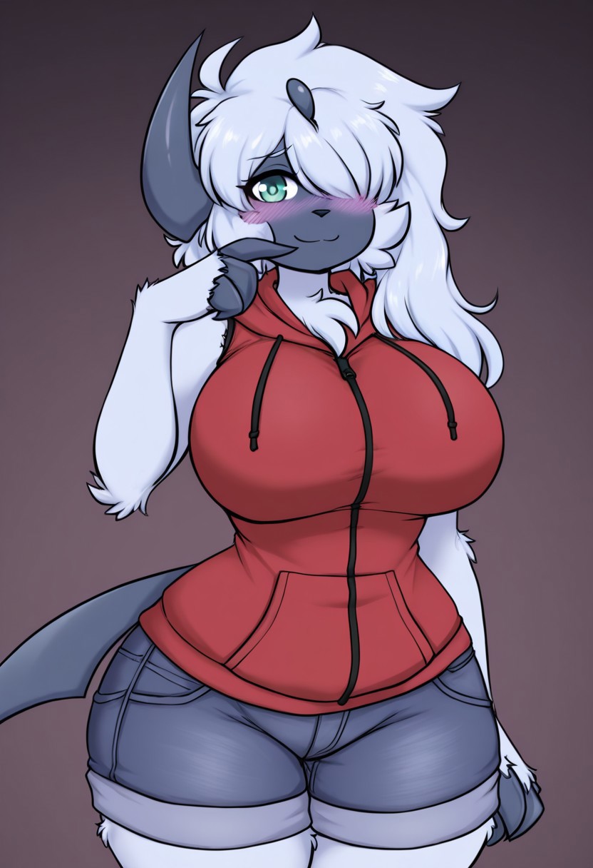 score_9, score_8_up, score_7_up, score_6_up, score_5_up, score_4_up, source_furry, furry, female furry, by LunarSpy, blue blush, absol, bangs, blue-grey skin, blue-grey horn, blue-grey tail, claws, green eyes, hair over one eye, one eye covered, light blue hair, light blue fur, two-tone fur, single horn, single sidelock, red hoodie, red sleeveless hoodie, jean shorts, short shorts, fur trim, smile, solo, 1girl, nervous, shy, hand up, pointing at mouth, blue blush, blushing blue, wide hips, large breasts, looking at viewer, zipper