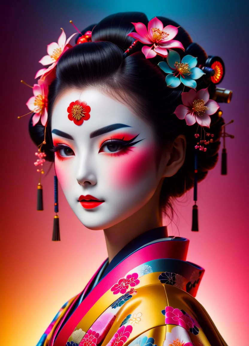 Cyberpunk humanoid robot geisha, flower kimono, very colorful, depressed look, hypermaximalist, elegant, super detailed, 32k, insanely detailed and intricate, Photography, Photoshoot, Shot on 70mm lens <lora:add-detail-XL:0.9> <lora:ral-symetrical-sdxl:0.8> ral-symetrical <lora:Retro_Ink_SDXL:0.9> retro ink, subsurface scattering, Photorealistic, Hyperrealistic, analog style, realistic, film photography, soft lighting, heavy shadow