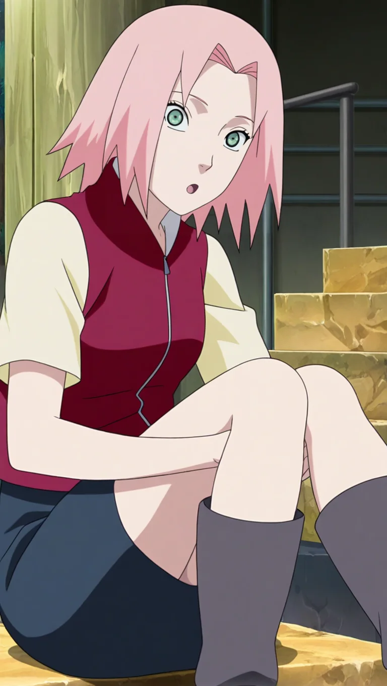 source_anime, masterpiece, best quality, amazing quality, anime screencap, high quality, 8k, absurdres, official style, 1girl, solo, looking at viewer, sitting, hands on thighs, :o, <lora:Sakura_Pre_iL:1>, 54kur4 h4run0, pink hair, green eyes, short hair, casual outfit, jacket, short sleeves, skirt, blue skirt, boots, grey boots, heels, heeled boots, yellow sleeves, zipper, no headband,