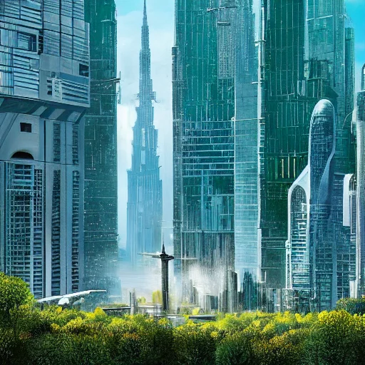ralph-mcquarrie style, greek architecture done in a sci-fi style on a beautiful forest and meadow scene with tall buildings and open green spaces, oil painting, beautiful, highly detailed
