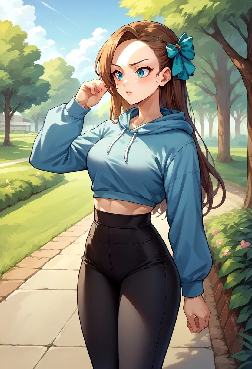 score_9, score_8_up, source_anime, 1girl, solo, KatarinaClaes, long hair, asymmetrical bangs, hair bow, outdoors, park, blue hoodie, high-waist pants, yoga pants, black pants, light blush, <lora:CHAR-KatarinaClaesPonyXL:1>