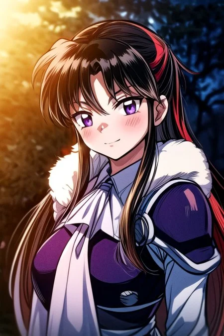 masterpiece, best quality 1girl Setsun4 solo long hair, (night time) forest background black hair very long hair purple eyes multicolored hair armor (fur trim) (medium body),<lora:EMS-179-EMS:0.800000>,<lora:EMS-293862-EMS:0.800000> bow, hair_bow, hair_tubes, red_bow, brown_hair, long_hair, bangs, ascot, frilled_bow, yellow_ascot, blush, smile, hair_between_eyes, athletic, armor, miko