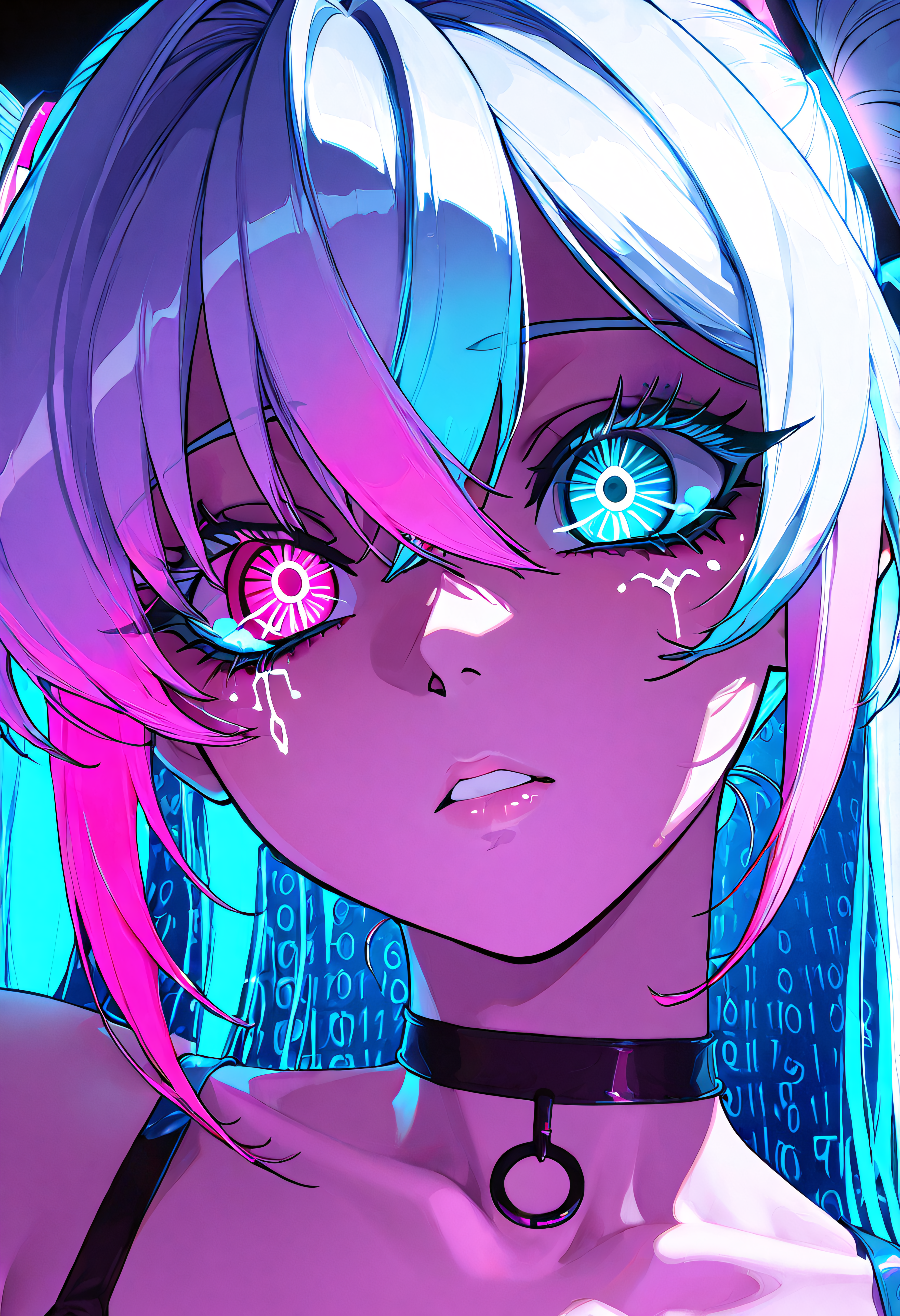 1girl, solo, neon punk ballerina with glitch tears, wistful look as if haunted by code, glitching VR nightclub in zero gravity, binary high-pass filter distortion, 90s VHS bright color scheme, plus, satanic symbols & demonic iconography, fisheye close-up portrait, hyper-detailed, cinematic lighting, 8K, ultra textural