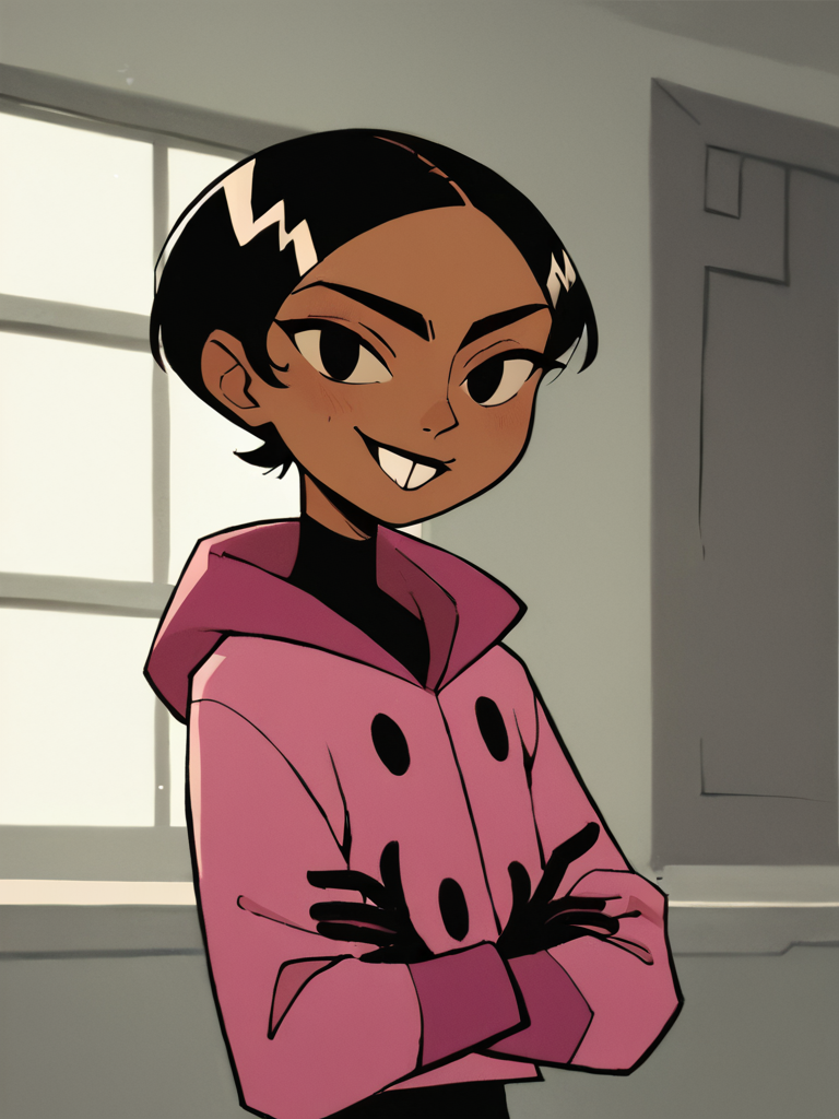 <lora:BritPony1.3:0.65> brit, solo, 1girl, black hair, short hair, dark-skinned female, black eyes, pink jacket,black,black gloves, buttons,buck teeth,upper body,standing,      score_9, score_8_up, score_7_up, score_6_up, score_5_up, score_4_up, smile, indoors, looking at viewer,