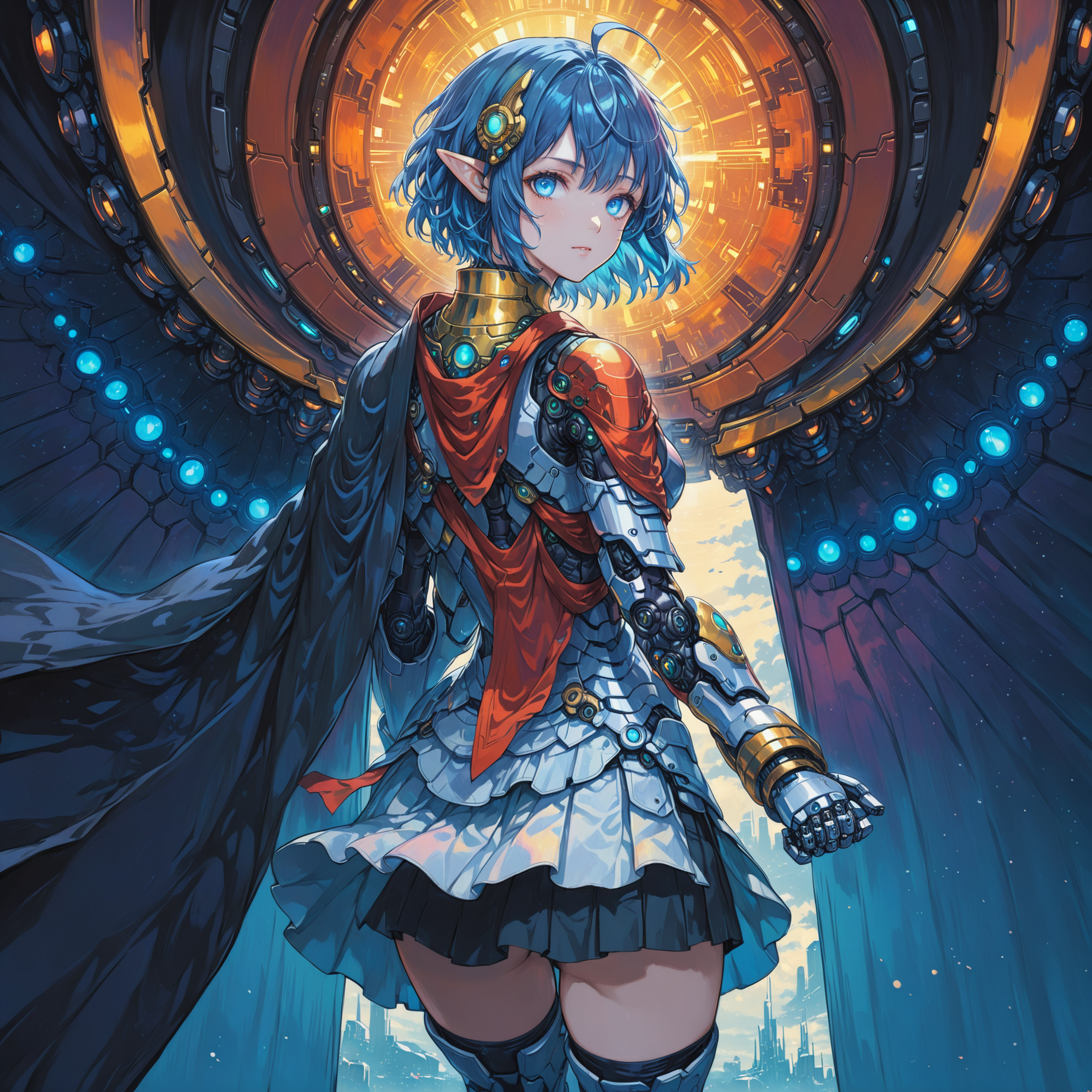 <lora:yukihiro_kajimoto_so2r_xl:0.8> <lora:IOS_Iridescent_opal_style:0.6> star ocean, 1girl, rena lanford, ahoge, armor, blue_eyes, blue_hair, boots, cape, full_body, hair_ornament, pleated_skirt, pointy_ears, short_hair, [woman:robot joints:0.6], [armpits:mecha:0.5], [evangelion:cyberpunk edgerunners:0.5], [lens flare:opal:06], intricate detail, cinematic lighting, amazing quality, amazing shading, detailed Illustration, official artwork, wallpaper, official art, extremely detailed eyes and face, beautiful detailed eyes, ((masterpiece, best quality)), (from behind), upper body, (thigh gap)
