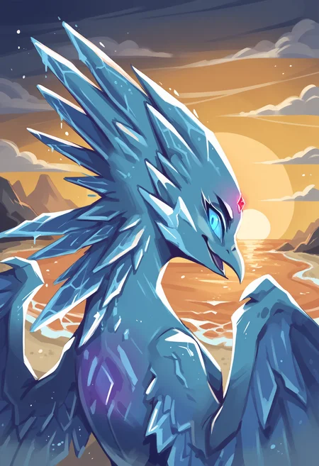 score_9, score_8_up, score_7_up, score_6_up, score_5_up, score_4_up, 1girl, <lora:Anivia:0.85> solo, no humans, bird, colored skin, blue skin, ice, wings, feral, smile, forehead gem, blue eyes, colored sclera, blue sclera, glowing eyes, looking back, from behind,
beach, ocean,