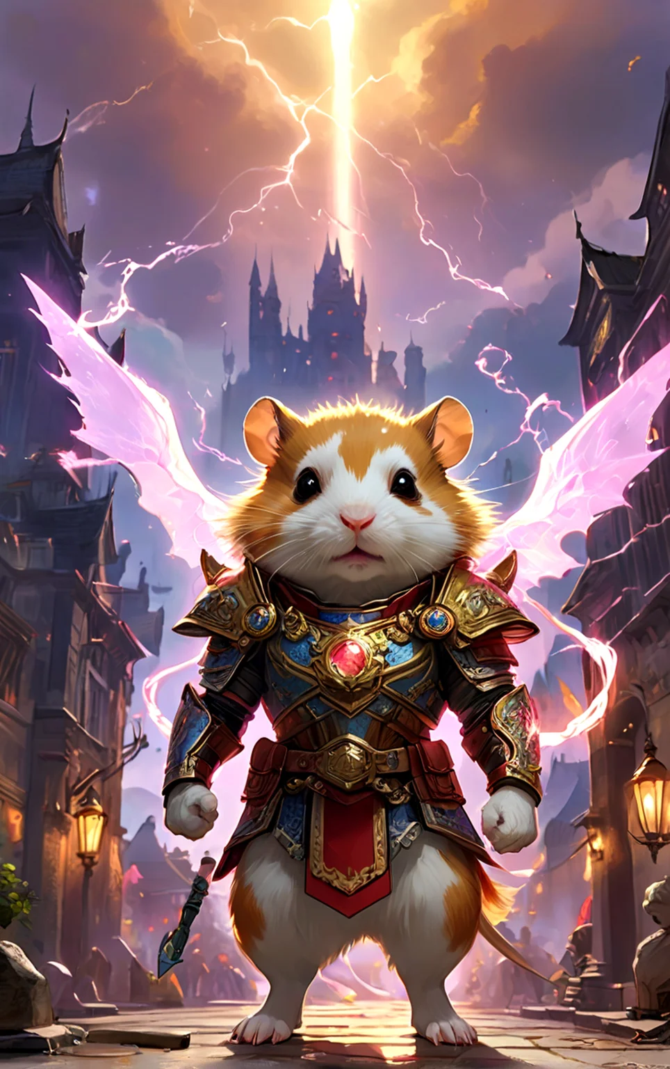 Cast your imagination to a grandiose arena set amidst a sprawling fantasy metropolis, where a super cute hamster engages in an electrifying battle. Clad in gleaming armor, perfectly scaled to its diminutive size, the hamster looks both regal and formidable, a true champion of the arena. In its paw is a diminutive yet potent hammer coursing with arcs of lightning that crackle ominously around it, while its whiskers twitch in fierce concentration. The arena is filled with throngs of spectators, cheering for the pint-sized warrior, the air alive with booming shouts of excitement and awe. Banners flutter in the breeze, depicting emblems of mythical beasts and legendary heroes. The sky is clear, the sun casting a radiant glow on the polished stone of the arena grounds. Around the edges, otherworldly flora thrives despite the crowd's relentless energy, whispering of natural magic. Capture the thrill and valor of battle in a fantastical setting where even the smallest hero can wield mighty powers and inspire with their courage, amidst roars of admiration and skies echoing with electric energy.
 <lora:add-detail-xl:1.0>,  < <lora:Dynamic Poses V2:1.0> <lora:detailed_notrigger:1.0>