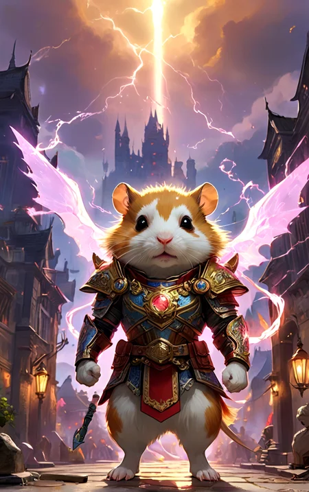 Cast your imagination to a grandiose arena set amidst a sprawling fantasy metropolis, where a super cute hamster engages in an electrifying battle. Clad in gleaming armor, perfectly scaled to its diminutive size, the hamster looks both regal and formidable, a true champion of the arena. In its paw is a diminutive yet potent hammer coursing with arcs of lightning that crackle ominously around it, while its whiskers twitch in fierce concentration. The arena is filled with throngs of spectators, cheering for the pint-sized warrior, the air alive with booming shouts of excitement and awe. Banners flutter in the breeze, depicting emblems of mythical beasts and legendary heroes. The sky is clear, the sun casting a radiant glow on the polished stone of the arena grounds. Around the edges, otherworldly flora thrives despite the crowd's relentless energy, whispering of natural magic. Capture the thrill and valor of battle in a fantastical setting where even the smallest hero can wield mighty powers and inspire with their courage, amidst roars of admiration and skies echoing with electric energy.
<lora:add-detail-xl:1.0>, < <lora:Dynamic Poses V2:1.0> <lora:detailed_notrigger:1.0>