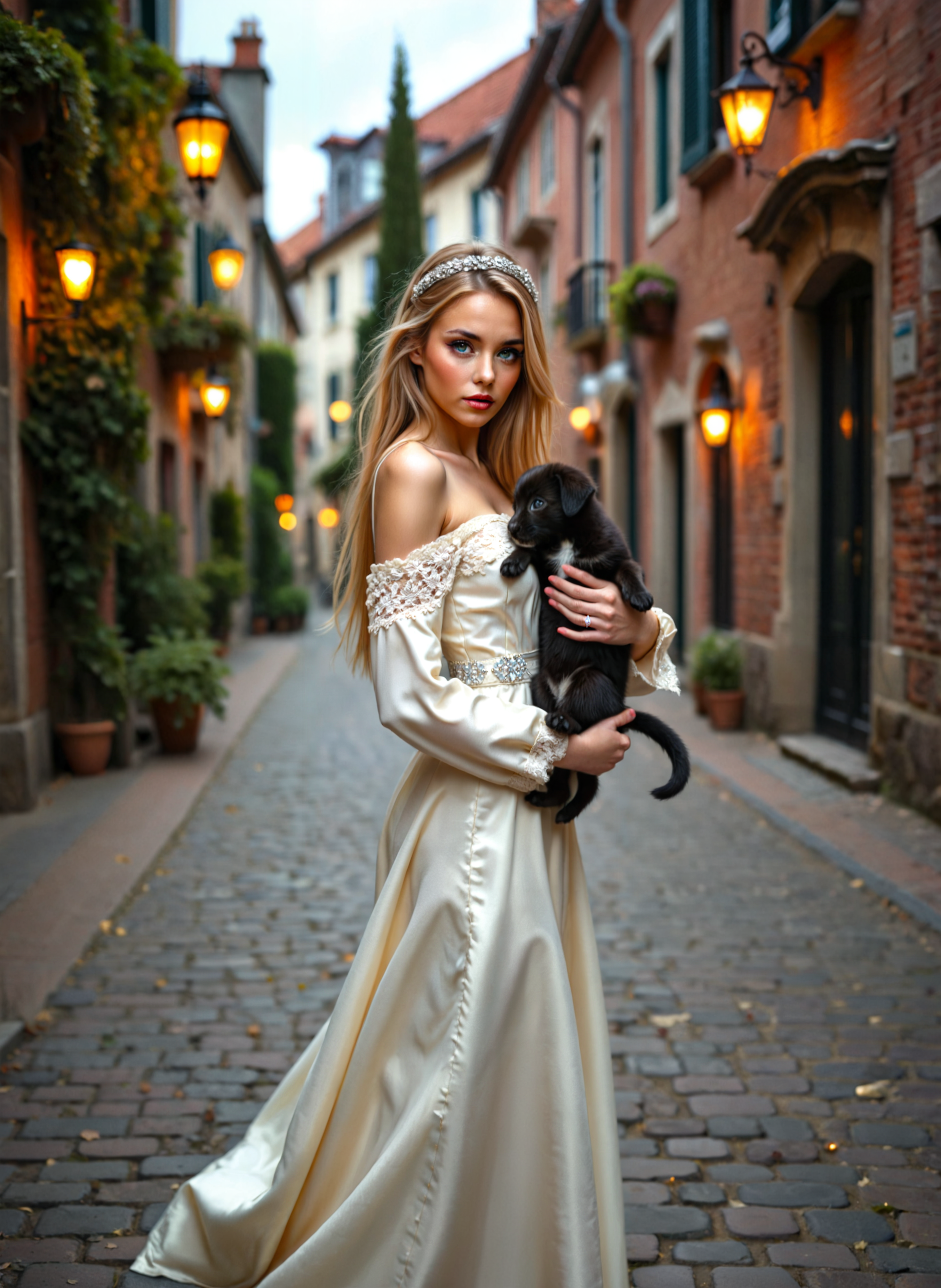cinematic film still a young woman in a long, flowing white dress standing on a cobblestone street. She is holding a small black puppy in her arms and is looking directly at the camera with a serious expression. The woman has long blonde hair styled in loose waves and is wearing a tiara on her head. The street is lined with old-fashioned buildings on both sides, and there are potted plants and lanterns hanging from the buildings. The sky is overcast and the overall mood of the image is romantic and dreamy. Shallow depth of field, vignette, highly detailed, high budget, bokeh, cinemascope, moody, epic, gorgeous, film grain, grainy. <lora:add-detail-xl:.5>  <lora:Flux-style-xl-lora:.5>