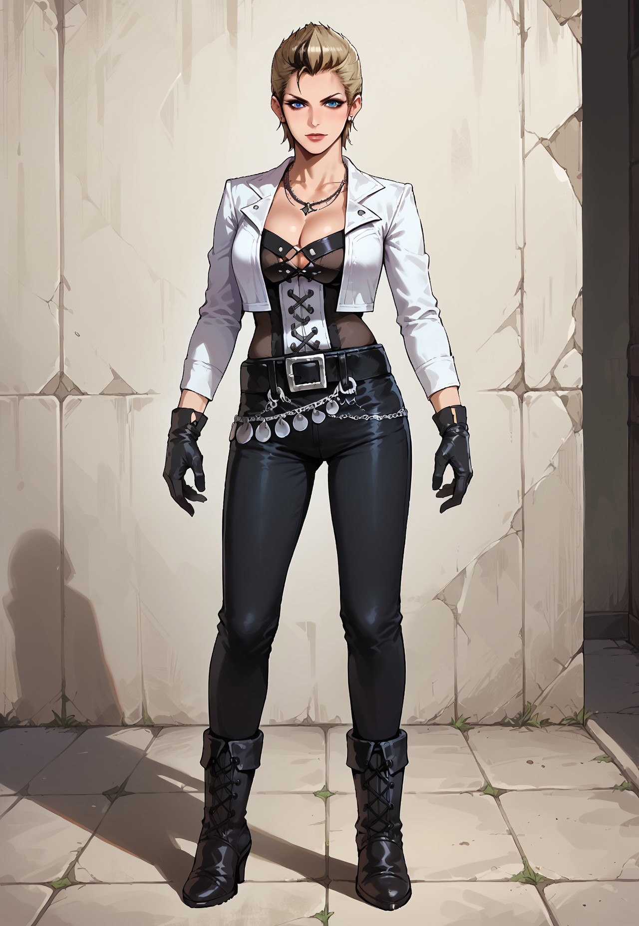 safe_pos, Score_9_up, score_8_up, score_7_up, source_realistic, cowboy shot, BREAK 1girl, solo, cordeliaLPC, blue eyes, necklace, cropped jacket, corset, cleavage, gloves, belt, pants, chain, boots,