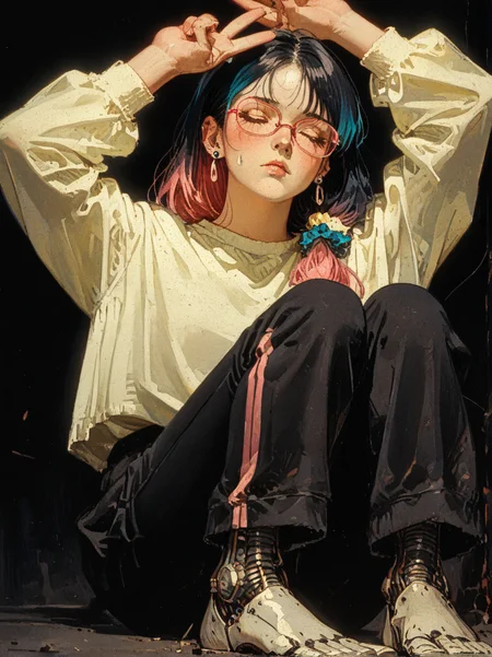 A digital illustration shoot from a low camera angle about a young woman with long hair sitting on the floor with her head in her hands, wearing a white long-sleeved top and black pants with mechanical parts. the image also shows a black background and a gradient of pink and blue highlights. on the middle of the image, a 1girl who appears to be in her early twenties, with a slender build and fair skin, is sitting with her eyes closed and a serene expression. she is wearing a pair of pink-tinted glasses and has a small tattoo on her left cheek. her hair is styled in a long hair style with black and pink highlights, and she is facing the viewer with her closed eyes. she has a mole on her forehead and is wearing earrings.she has robot android legs and feet, 1girl, solo, long hair, simple background,robot legs, robot feet, shirt, black hair, long sleeves, jewelry, sitting, closed eyes, pink hair, multicolored hair, earrings, sweatpants, glasses, hair between eyes, gradient hair, arms up, black background, piercing, ear piercing, hair over shoulder, hair scrunchie n\n\n\n<lora:jc_leyendecker_pony_v6_smooth:0.6>\n<lora:norman_rockwell_style_pony_v6-000040:0.9>\n<lora:Xenotrip_v.2:0.5>\n<lora:Kenva:0.8>\n<lora:Sinozick:0.4>\n\n embedding:zPDXL2 embedding:zPDXLxxx <lora:StS_age_slider_v1_initial_release:1.0>
